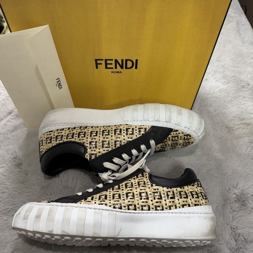 Fendi Black & Beige Raffia 'Forever Fendi' Sneakers Straw Monogram Mens Size 10